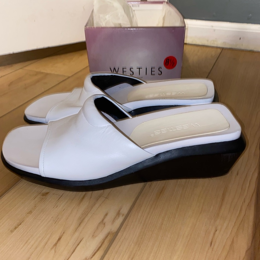Westies by Nine West 8.5M White Leather Platform Wedge Heels 90s Block Chunky